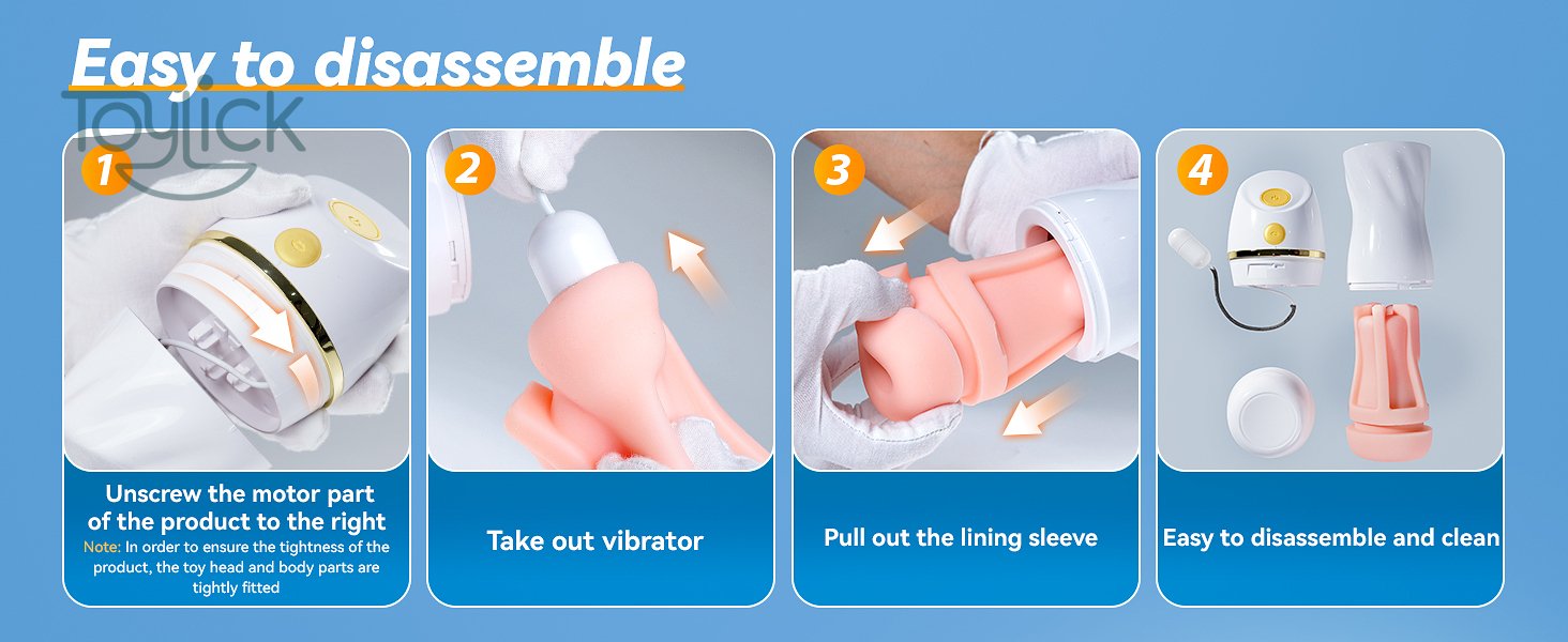 Four-step instructions for easy disassembly of the ToyLick Automatic Sucking Male Stroker with 7 Vibration, showing how to unscrew the motor, remove the vibrator, and pull out the lining sleeve.