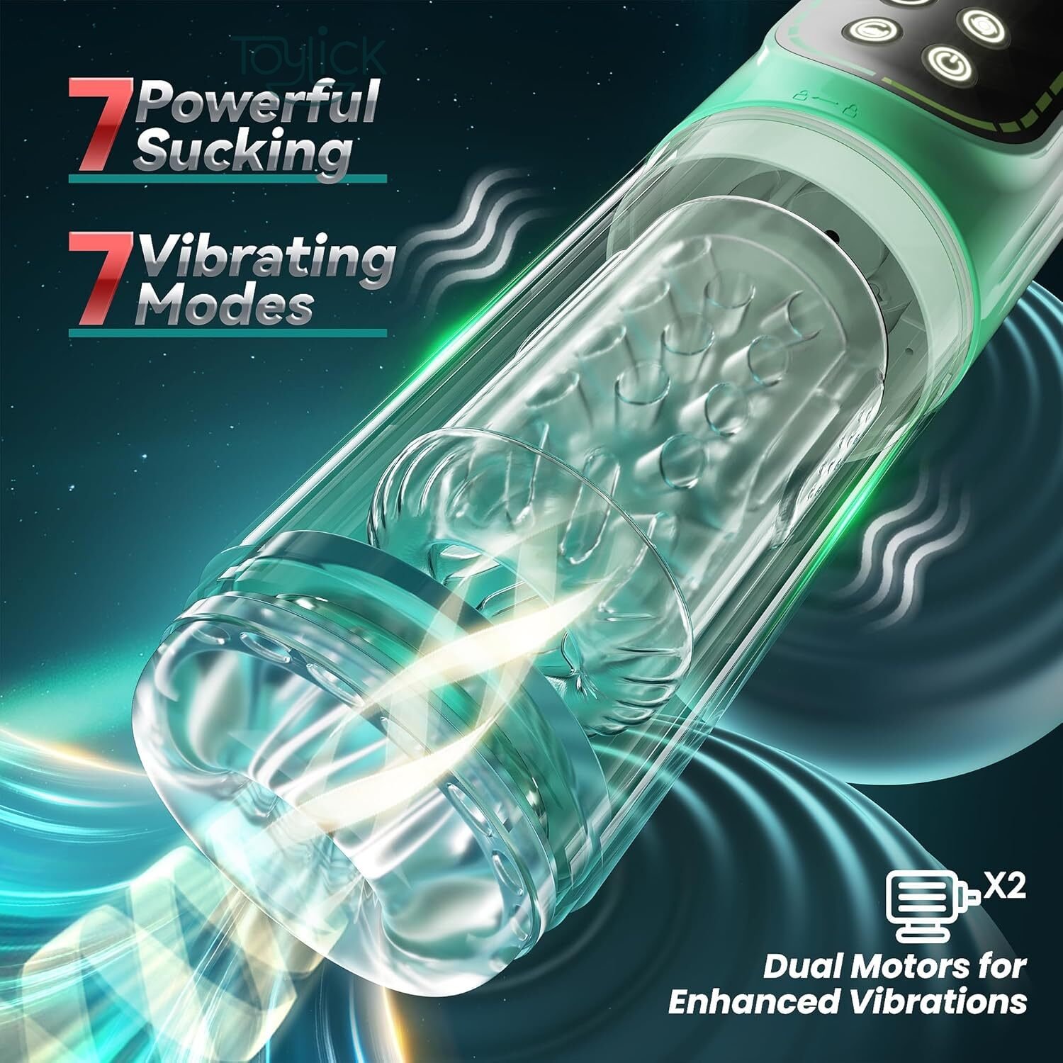 automatic-sucking-masturbator-with-3-pump-7-thrusting-rotating-vibration-toylick-1 ToyLick Automatic Sucking Masturbator highlighting 4 FUNCTIONS IN 1: Sucking (3 Pump Levels), Thrusting (7 Modes), Rotation (7 Modes), and Vibration (7 Modes).