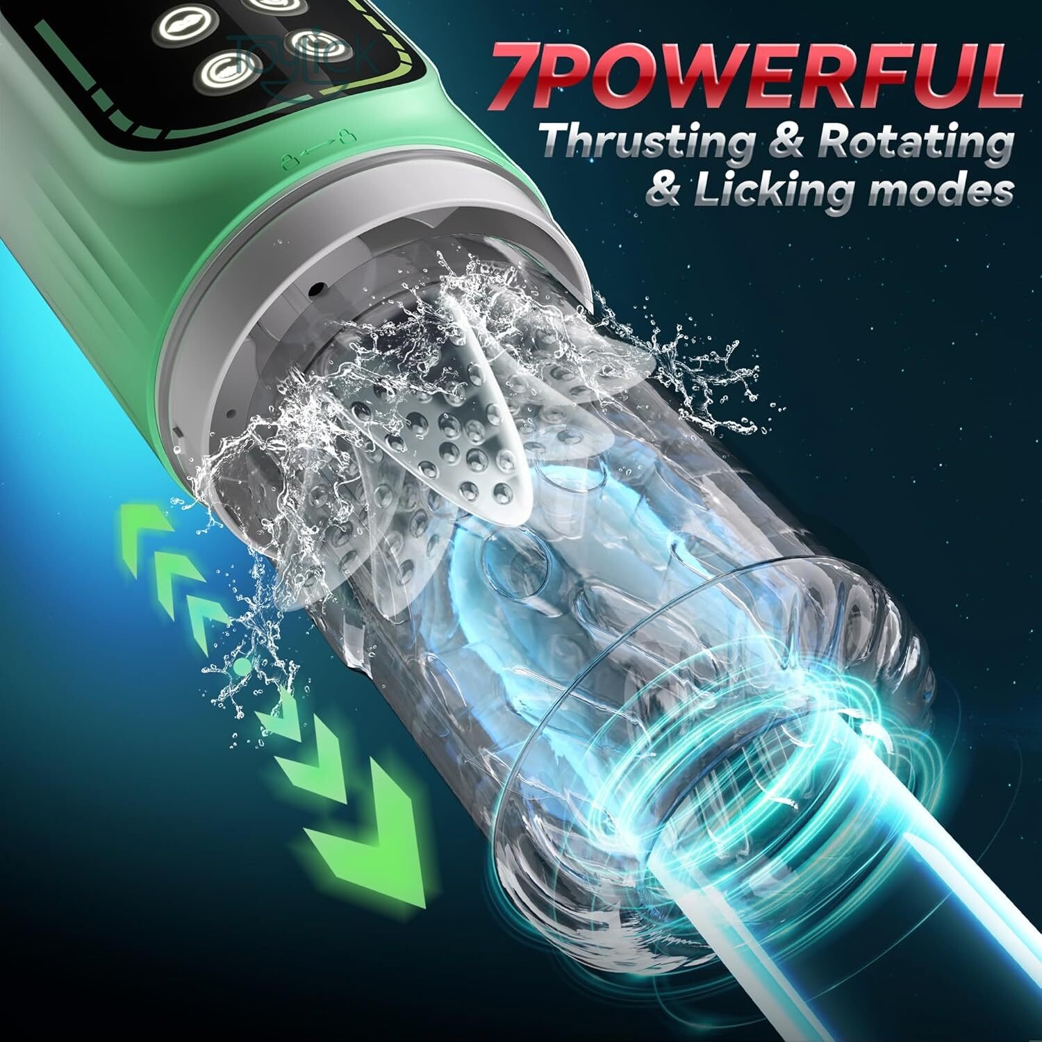 automatic-sucking-masturbator-with-3-pump-7-thrusting-rotating-vibration-toylick-2 ToyLick Automatic Sucking Masturbator promoting the Strong Suction Power with 3 Pump Levels for a tight vacuum seal, showing an internal mechanism diagram.