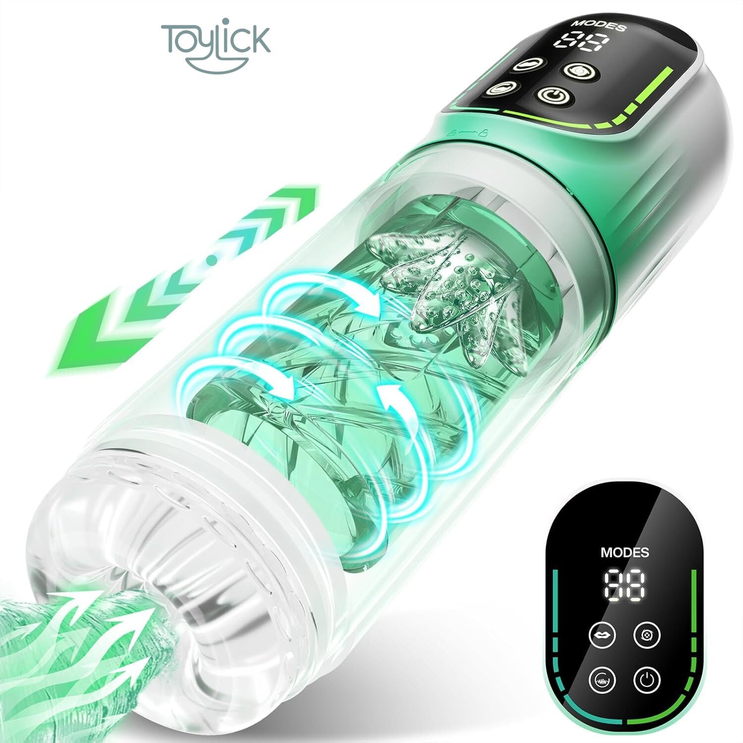 automatic-sucking-masturbator-with-3-pump-7-thrusting-rotating-vibration-toylick-main ToyLick Automatic Sucking Masturbator with 3 Pumps. Main view of the silver and white device showing the transparent cover and internal textured sleeve.