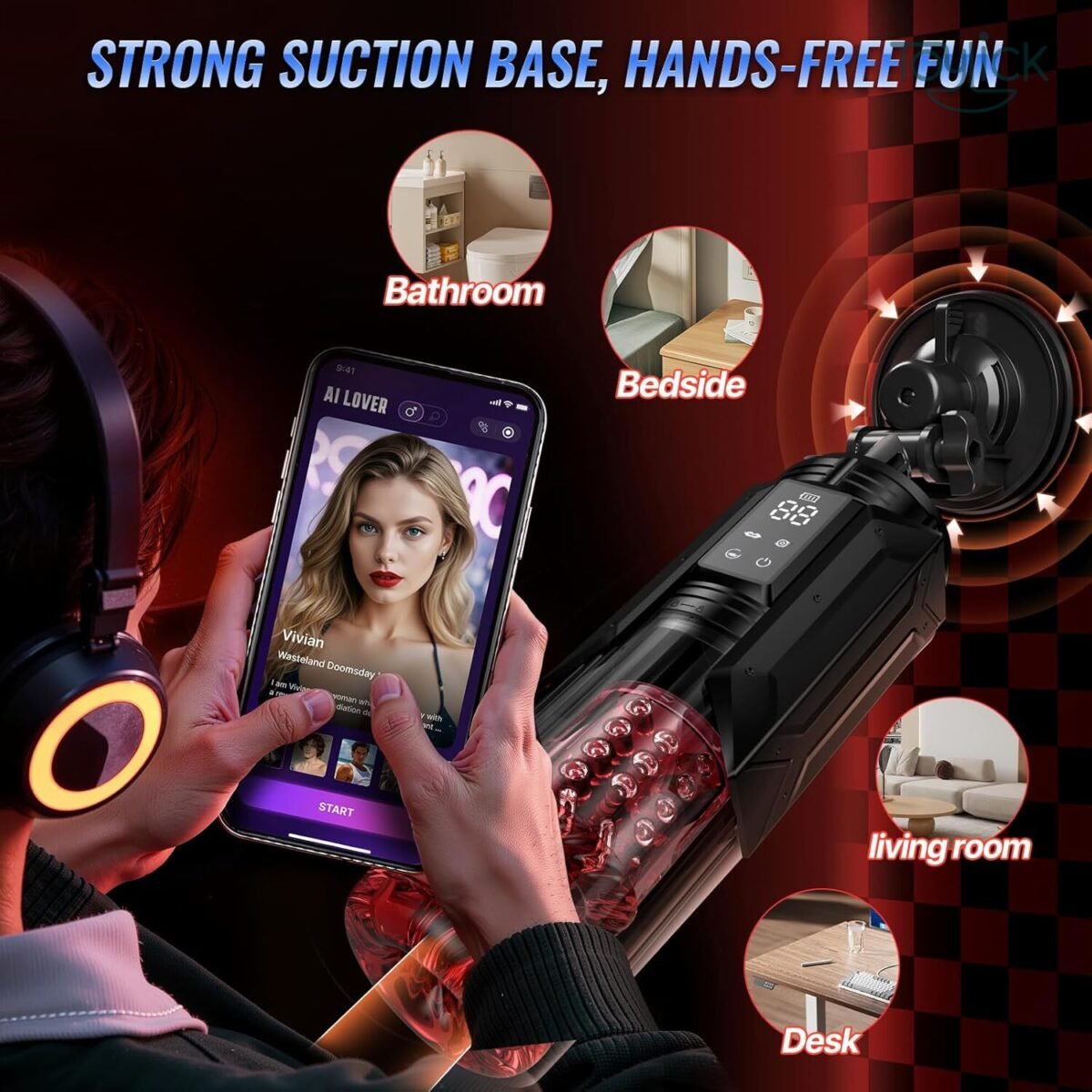 ToyLick Automatic Sucking Rotating Male Masturbator with 7 Thrusting Mode in use, highlighting the Strong Suction Base for Hands-Free Fun in locations like the Bathroom, Bedside, Living Room, and Desk, with a person using a control app.