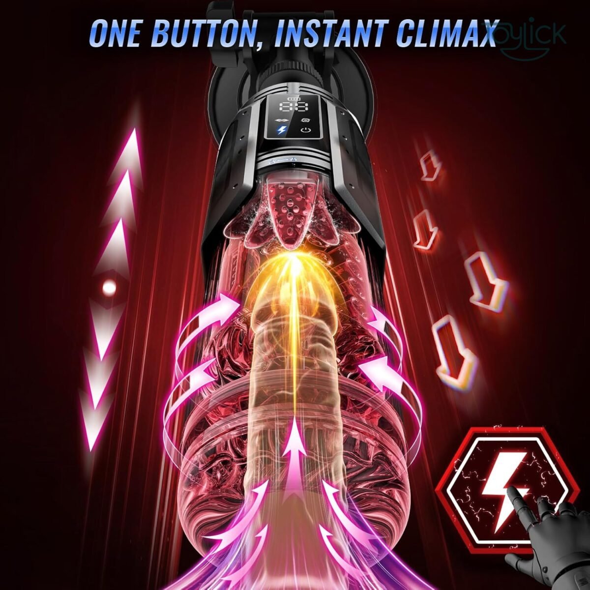 ToyLick Automatic Sucking Rotating Male Masturbator with 7 Thrusting Mode in a dark red environment, illustrating the intense internal motion with glowing light and arrows, and promising "ONE BUTTON, INSTANT CLIMAX."