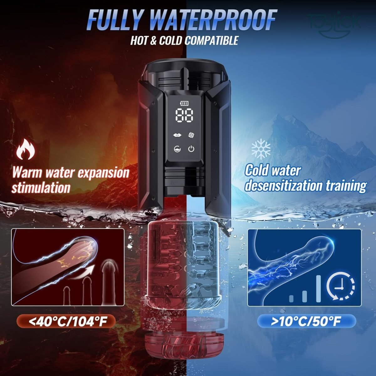 ToyLick Automatic Sucking Rotating Male Masturbator with 7 Thrusting Mode. Image shows the Fully Waterproof Hot & Cold Compatible feature for "Warm water expansion stimulation" (10∘C/50∘F).