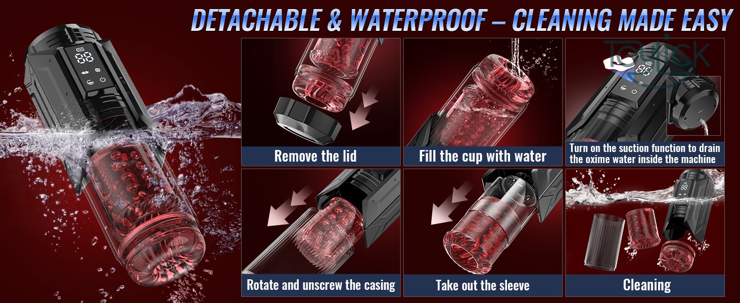 Detachable & Waterproof – Cleaning Made Easy instructions for the ToyLick Automatic Sucking Rotating Male Masturbator with 7 Thrusting Mode, showing steps to remove the lid, fill with water, drain the water, unscrew, take out the sleeve, and clean.