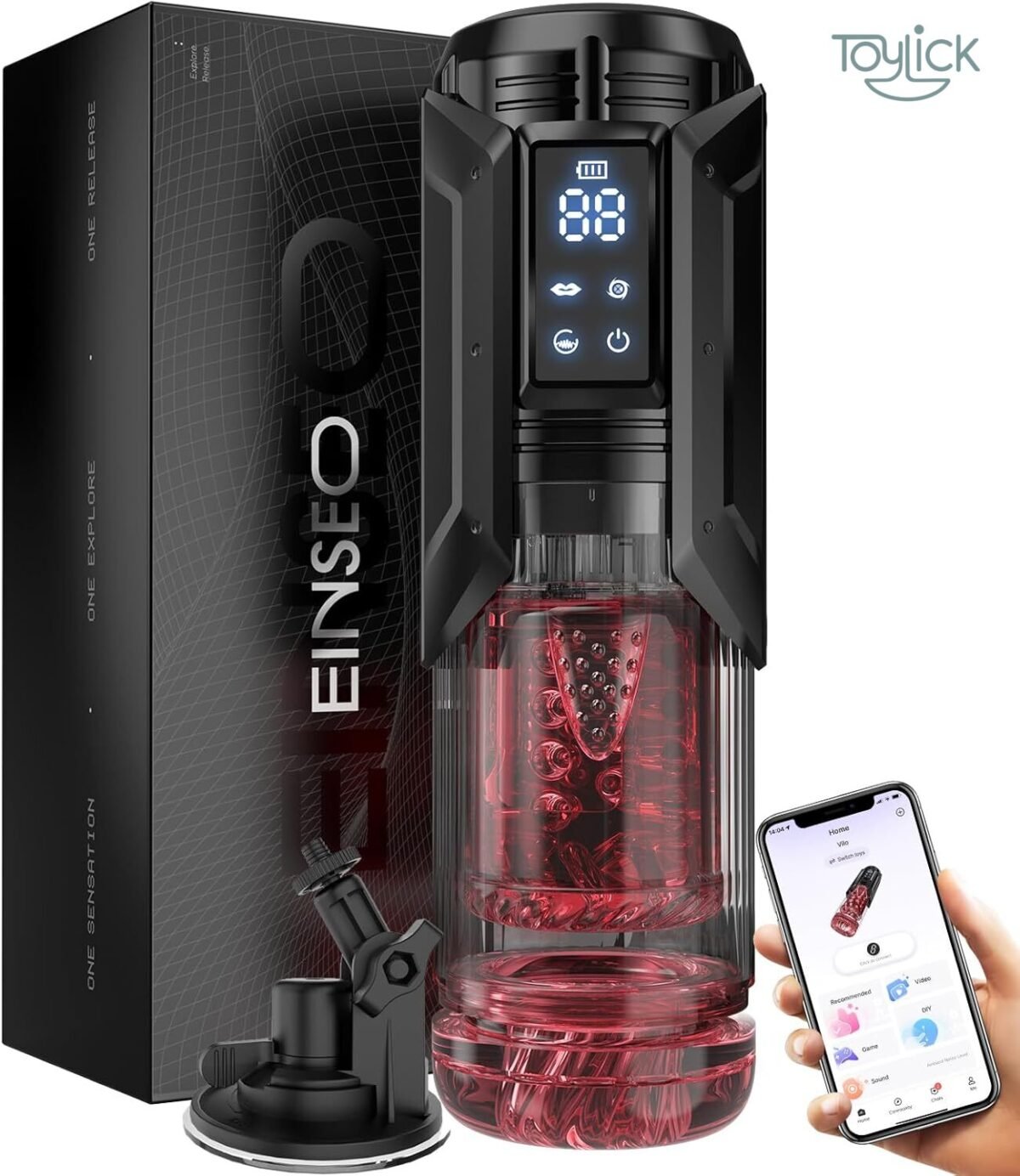 ToyLick Automatic Sucking Rotating Male Masturbator with 7 Thrusting Mode (EINSEO). Black product with red internal sleeve, shown next to its box, a strong suction mount, and a smartphone controlling it via an app.