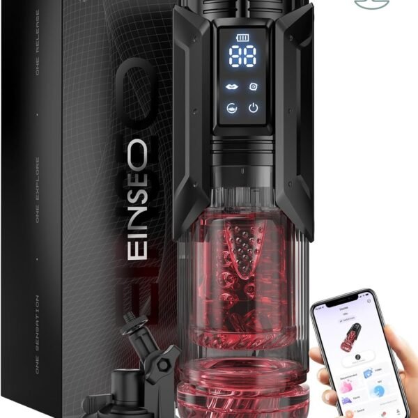 ToyLick Automatic Sucking Rotating Male Masturbator with 7 Thrusting Mode (EINSEO). Black product with red internal sleeve, shown next to its box, a strong suction mount, and a smartphone controlling it via an app.