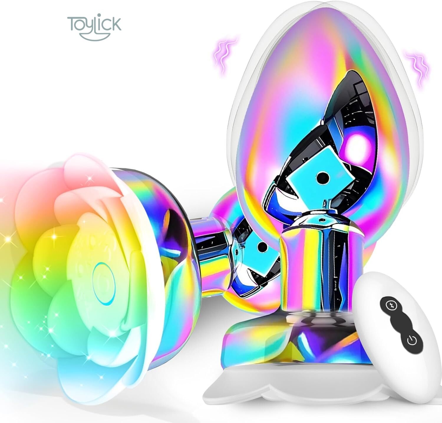 colorful-metal-anal-plug-vibrator-10-vibrations-toylick-1 A dynamic product shot of the iridescent Toylick vibrator against a white background. It shows two angles of the toy, one standing and one on its side, highlighting the glowing, multi-colored light from its rose base and plug. A white wireless remote control is included in the composition.