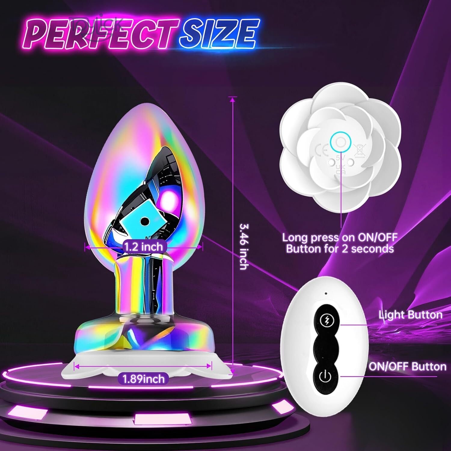 colorful-metal-anal-plug-vibrator-10-vibrations-toylick-2 A "Perfect Size" guide for the Toylick vibrator. The iridescent toy is shown on a glowing platform with its dimensions labeled: 3.46 inches high, 1.89 inches wide at the base, and 1.2 inches wide at the plug. The image also details the controls on both the rose-shaped base and the separate remote.