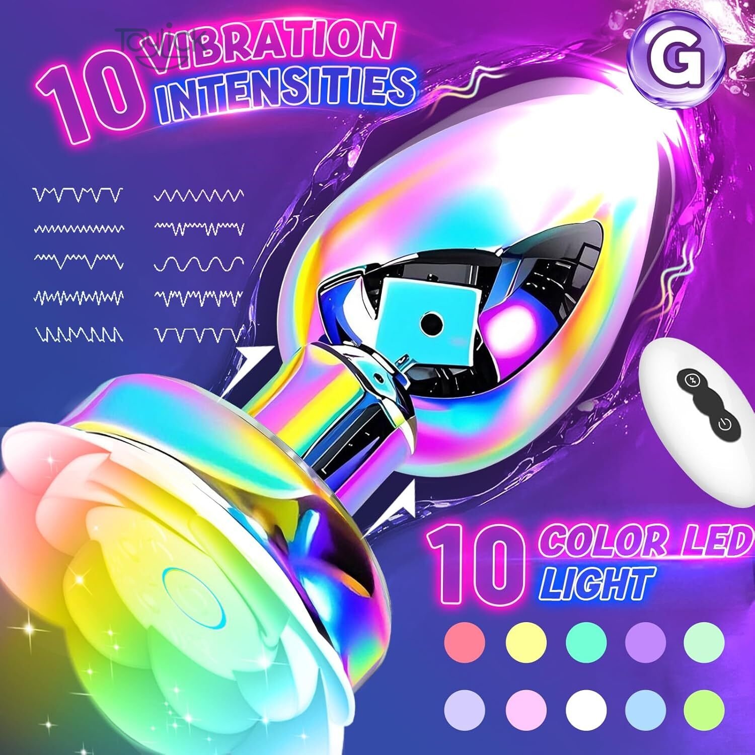 colorful-metal-anal-plug-vibrator-10-vibrations-toylick-3 A vibrant advertisement for the Toylick vibrator. The iridescent toy is shown with a cutaway view of its motor, glowing with internal light. The image highlights its "10 Vibration Intensities" with wave icons and "10 Color LED Light" modes with a palette of colored circles. The remote control is also pictured.