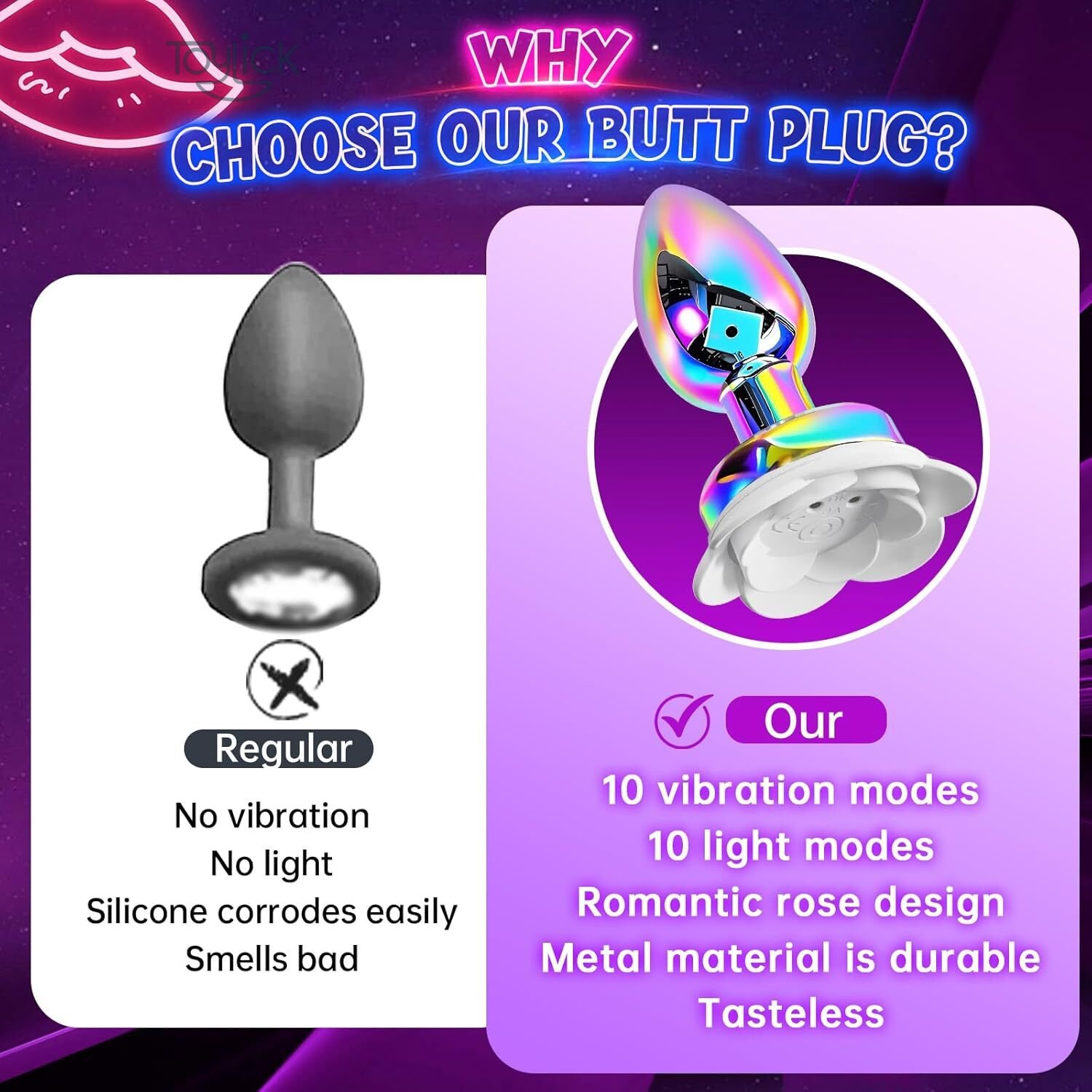 colorful-metal-anal-plug-vibrator-10-vibrations-toylick-4 A comparison image titled "WHY CHOOSE OUR BUTT PLUG?". It contrasts a plain grey silicone plug, described with negative points like "No vibration" and "corrodes easily," with the iridescent, rose-shaped metal vibrator from Toylick, which is praised for having 10 vibration and light modes, a durable metal material, and a romantic design.
