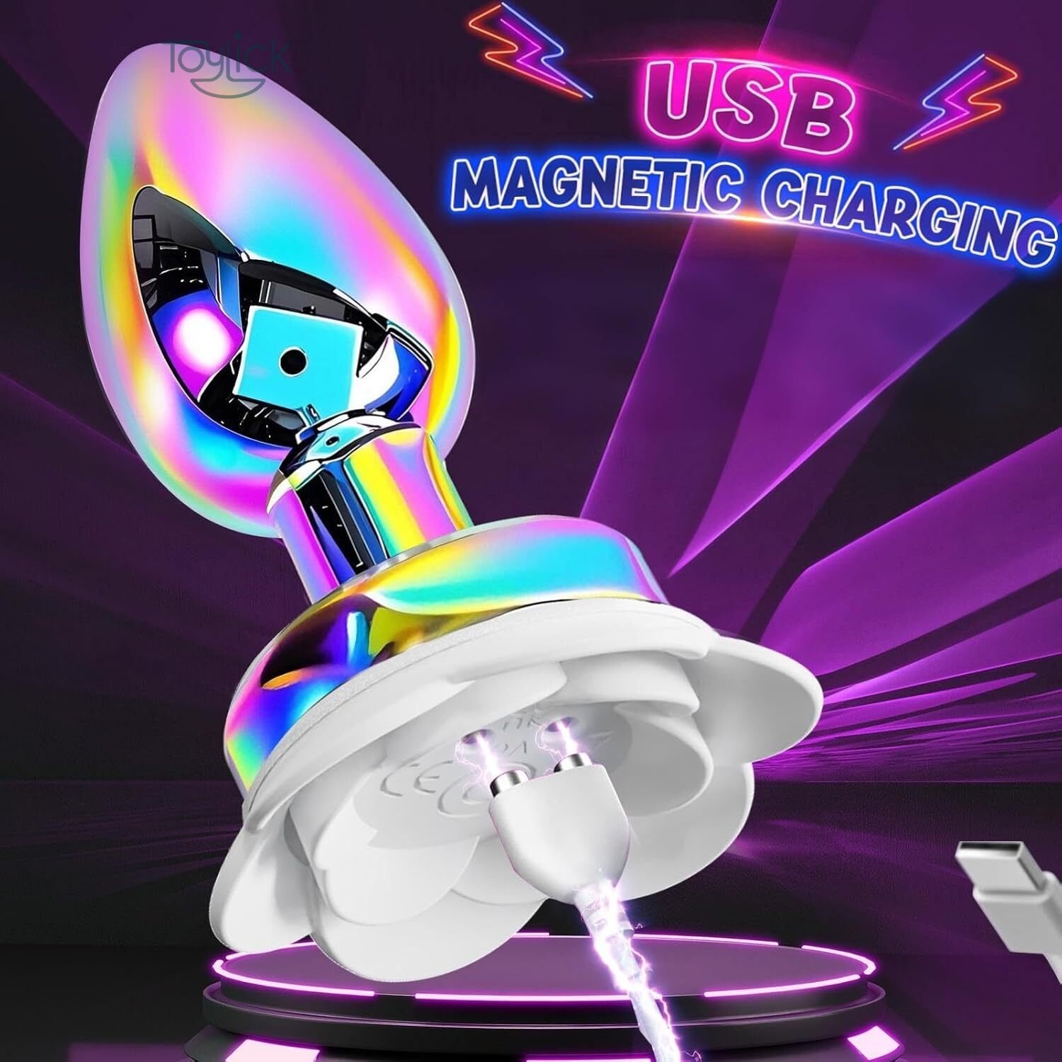 colorful-metal-anal-plug-vibrator-10-vibrations-toylick-5 An image demonstrating the "USB Magnetic Charging" feature of the Toylick vibrator. The iridescent toy is shown with the white magnetic charging cable snapping into place on its rose-shaped base, with a spark effect indicating the connection.