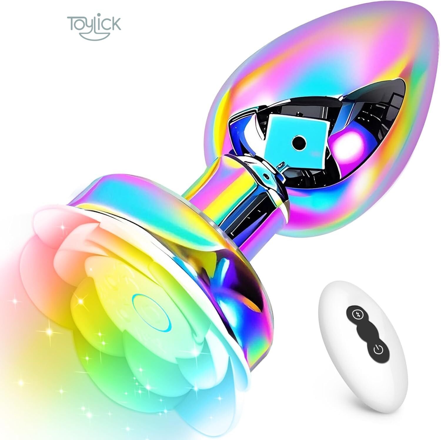 colorful-metal-anal-plug-vibrator-10-vibrations-toylick-main The main product image of the Toylick vibrating butt plug. The toy features an iridescent, rainbow-colored metal plug and a white, light-up rose-shaped base that is sparkling. A compact white remote control is positioned next to it.