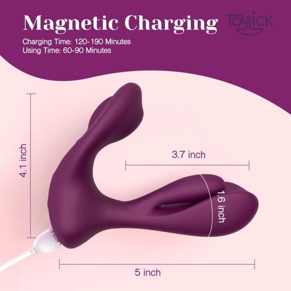 A size and charging guide for the purple Toylick vibrator. The toy is shown with its dimensions clearly labeled (5 inches long, 4.1 inches high) and a magnetic charging cable connected. Text specifies the charging and using times.