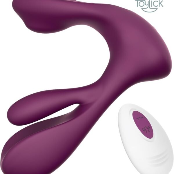 The main product image of the Toylick Dual Stimulation Panty Vibrator. The uniquely shaped purple toy is displayed alongside its compact white and purple wireless remote control against a clean white background.
