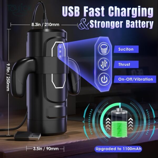 ToyLick Electric Men's Masturbator size specifications (9.9in/250mm tall) and features: USB Fast Charging with an Upgraded 1100mAh battery, and highlighted controls for Suction, Thrust, and On/Off/Vibration.