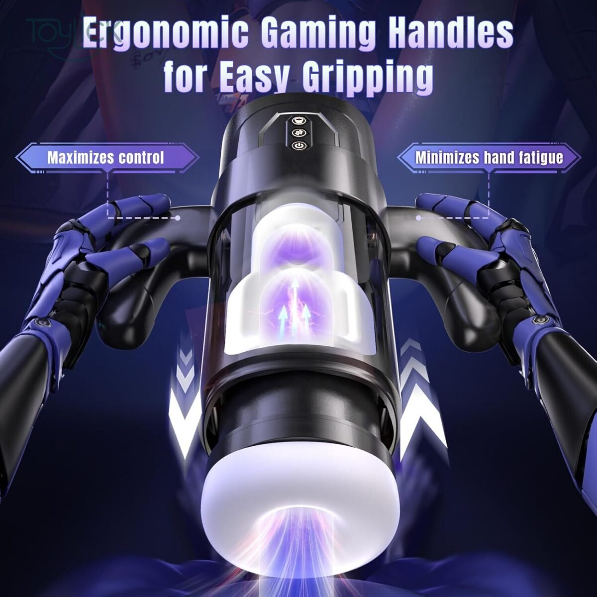 ToyLick Electric Men's Masturbator highlighting its Ergonomic Gaming Handles for Easy Gripping, which Maximizes control and Minimizes hand fatigue.