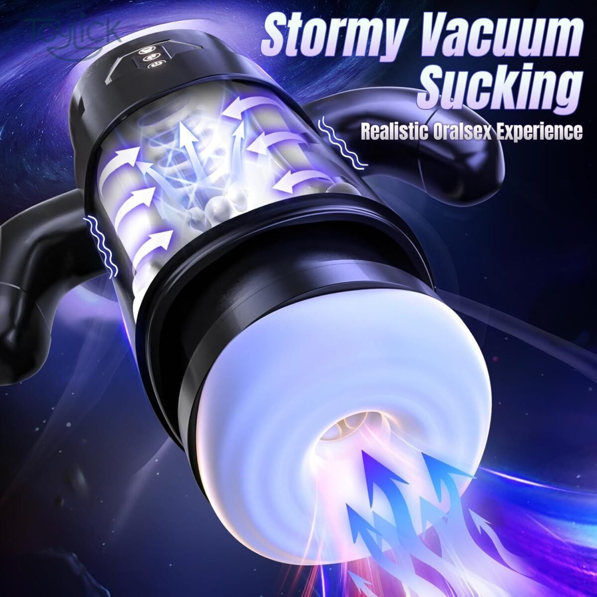 ToyLick Electric Men's Masturbator promoting the Stormy Vacuum Sucking feature for a "Realistic Oralsex Experience," with arrows showing strong inward suction.