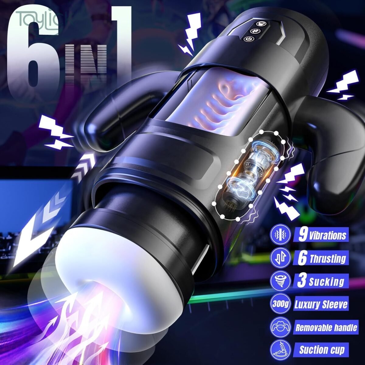 ToyLick Electric Men's Masturbator advertising its 6 in 1 features: 9 Vibrations, 6 Thrusting Modes, 3 Sucking Levels, a 300g Luxury Sleeve, Removable handle, and a Suction cup.
