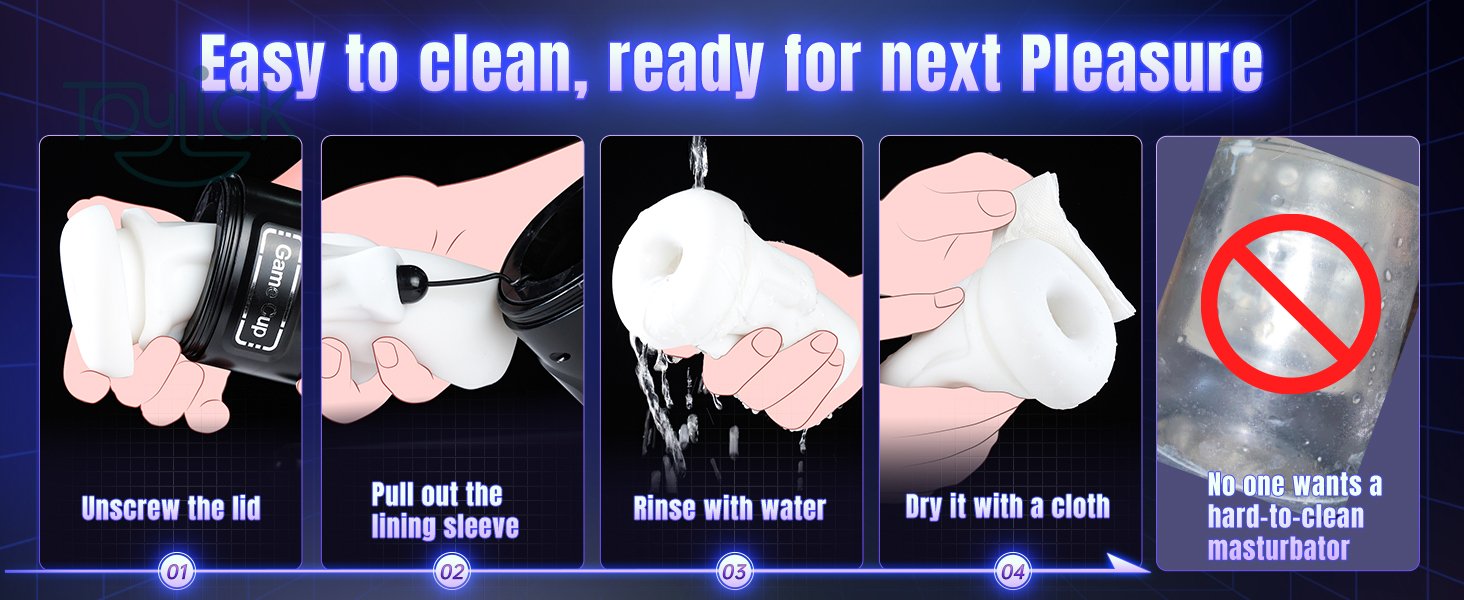 Easy to clean instructions for the ToyLick Electric Men's Masturbator, showing four steps: unscrew the lid, pull out the lining sleeve, rinse with water, and dry with a cloth.