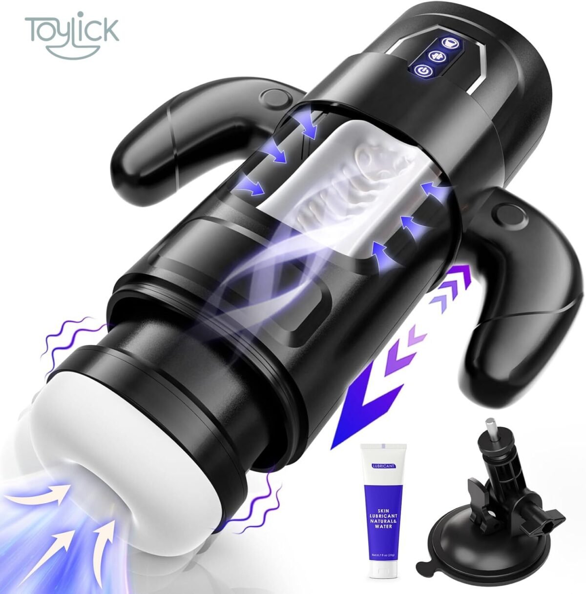 ToyLick Electric Men's Masturbator with 6 Thrusting Modes and 3 Suction Levels. Main view of the black device, showing the internal motion of the white sleeve, suction and thrusting arrows, and includes a tube of lubricant and a strong suction cup mount.