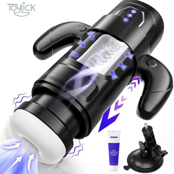 ToyLick Electric Men's Masturbator with 6 Thrusting Modes and 3 Suction Levels. Main view of the black device, showing the internal motion of the white sleeve, suction and thrusting arrows, and includes a tube of lubricant and a strong suction cup mount.
