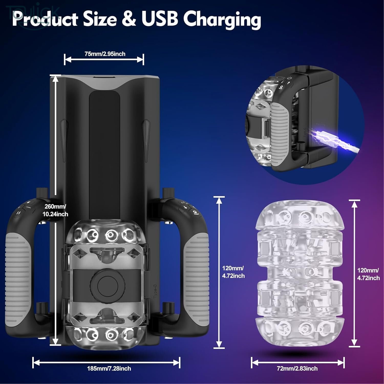 hands-free automatic-masturbator-with-12-cm-deep-thrusting-toylick-5 ToyLick Hands-Free Automatic Masturbator detailing the 12cm DEEP STROKE, 3cm Wide Hole, and 18cm Total Insertable Length of the soft, realistic inner sleeve.