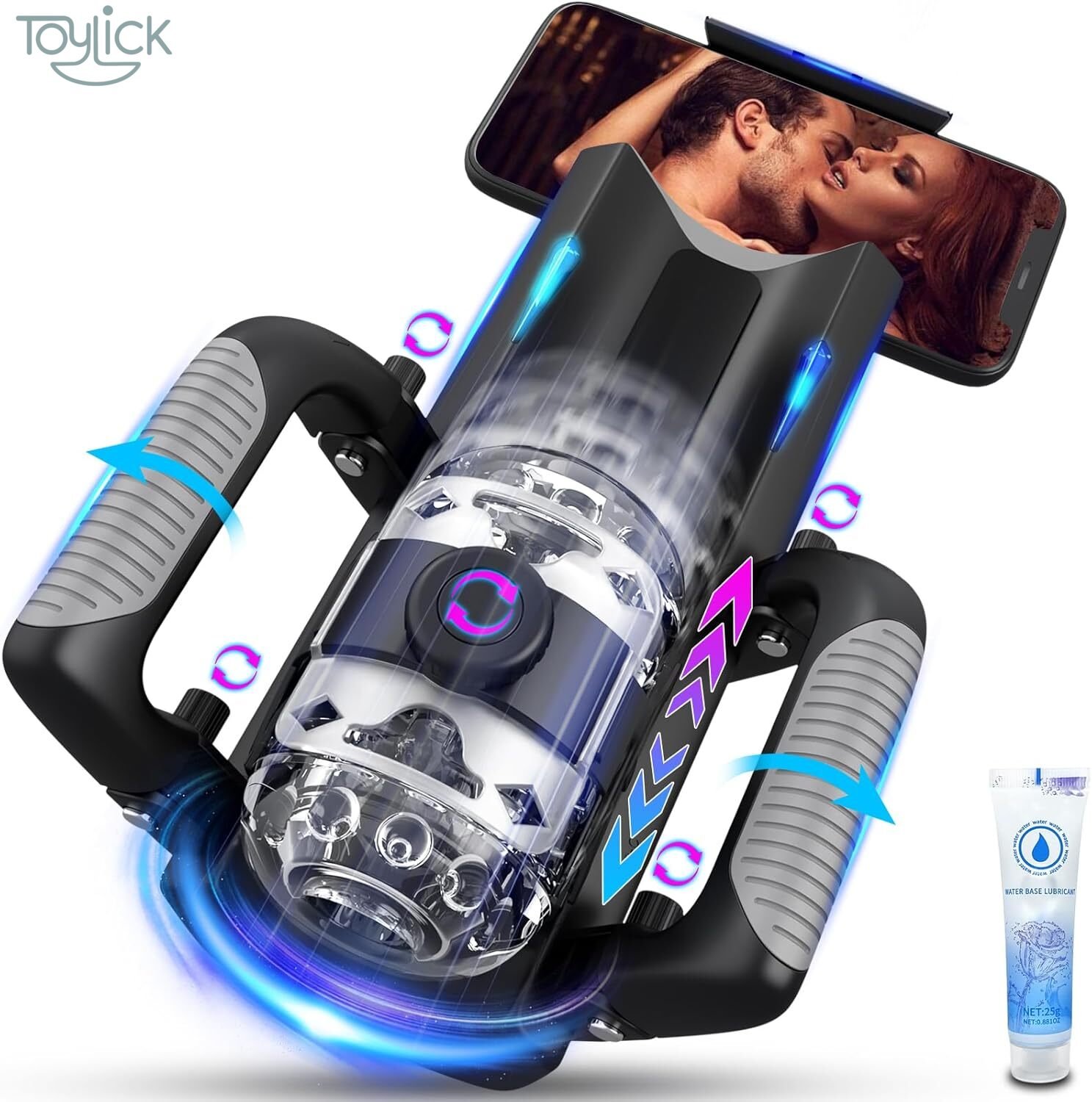 hands-free automatic-masturbator-with-12-cm-deep-thrusting-toylick-main ToyLick Hands-Free Automatic Masturbator with 12 cm Deep Thrusting. Main view of the black and silver device with a red insert, showing the internal sleeve and two silver handles, with the packaging box included.