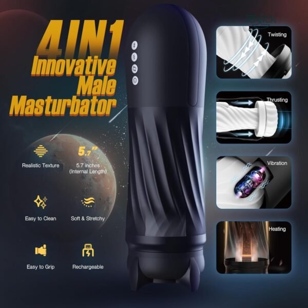 4 IN 1 Innovative Male Masturbator with features like Twisting, Thrusting, Vibration, and Heating. Highlights a Realistic Texture, Easy to Clean, Soft & Stretchy, and Rechargeable design with 5.7” internal length.