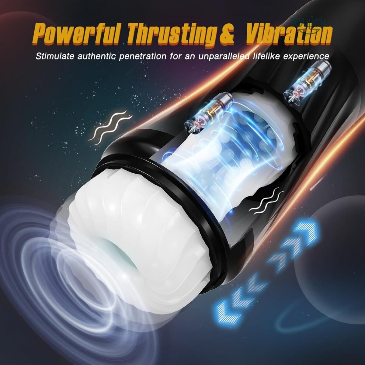ToyLick Heated Male Masturbator promoting Powerful Thrusting & Vibration to stimulate authentic penetration, showing the white sleeve and internal motors in an abstract, space-themed setting.