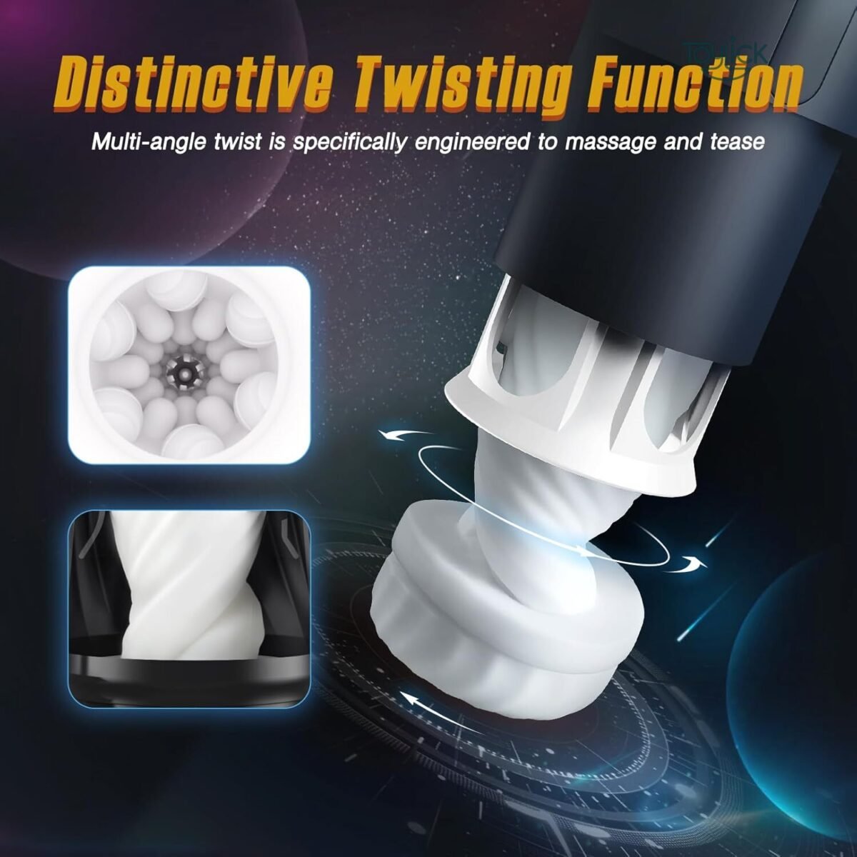 ToyLick Heated Male Masturbator highlighting the Distinctive Twisting Function. Shows the white internal sleeve twisting out of the device, designed for multi-angle massage and tease.