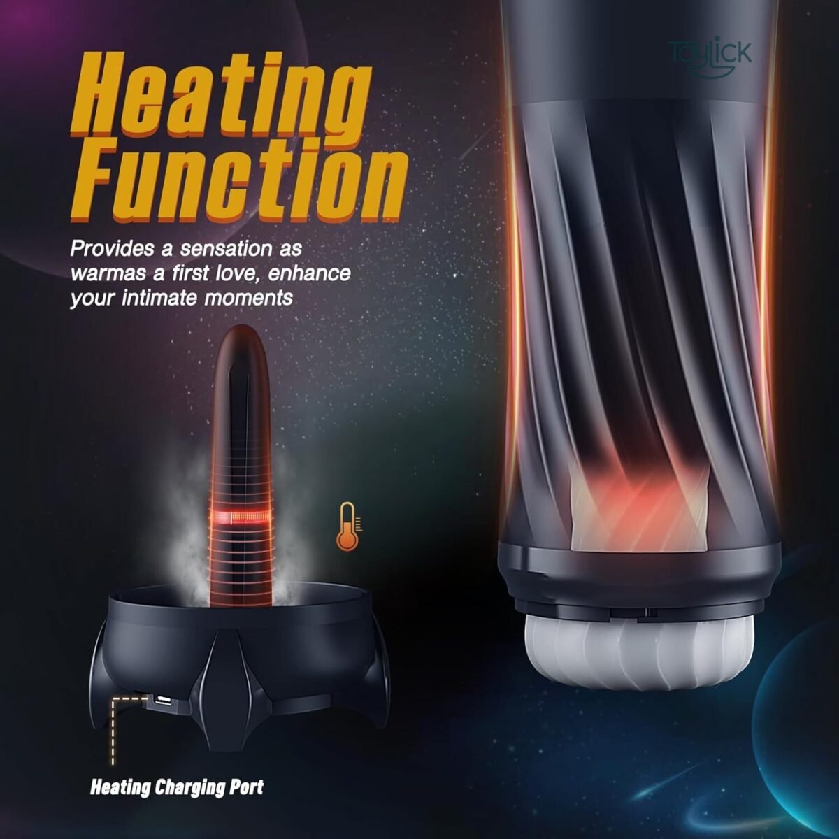 ToyLick Heated Male Masturbator showing the Heating Function charging port at the base, with a warming effect visualized to "provide a sensation as warm as a first love."