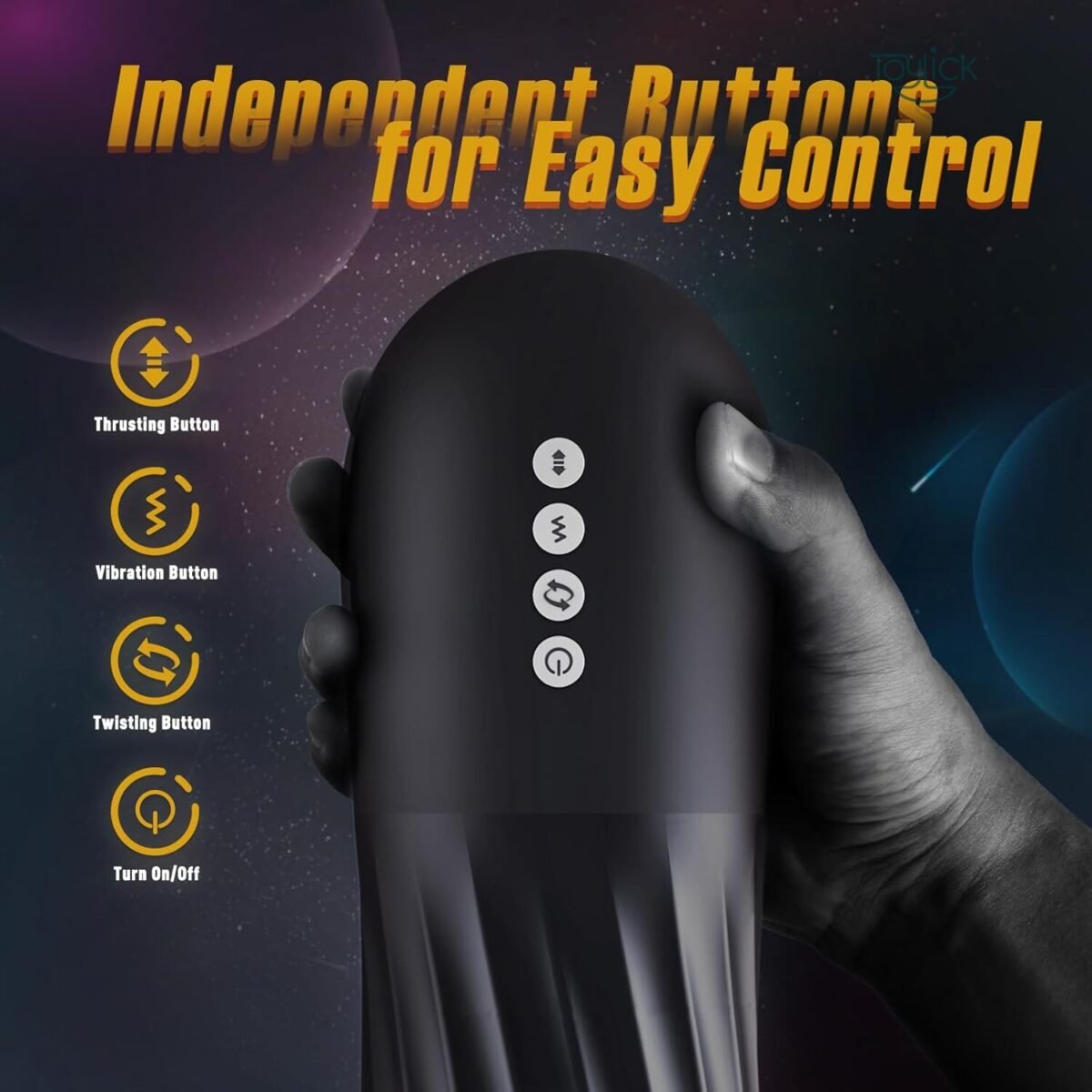 ToyLick Heated Male Masturbator detailing the Independent Buttons for Easy Control on the device: Thrusting Button, Vibration Button, Twisting Button, and Turn On/Off Button.