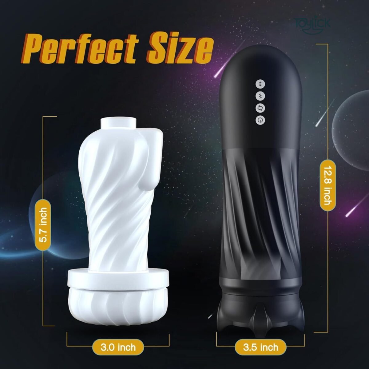 ToyLick Heated Male Masturbator size diagram, showing the overall height of 12.8 inches and 3.5 inches width, next to the internal sleeve at 5.7 inches height and 3.0 inches width.