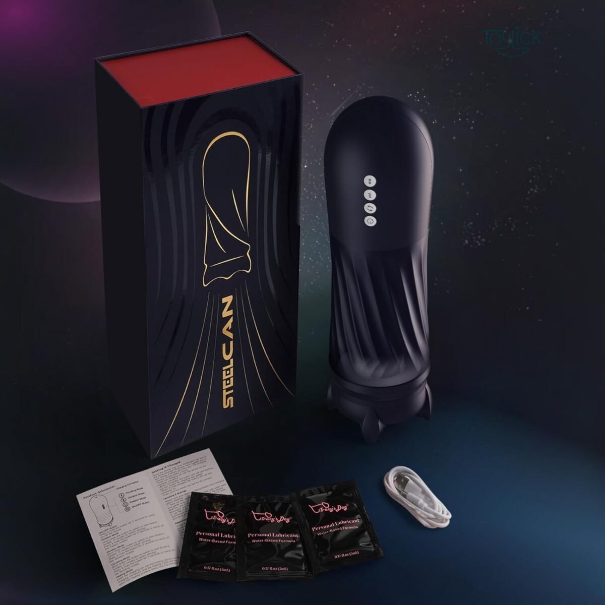 ToyLick Heated Male Masturbator (STEELCAN) packaging contents, including the black device, the gift box, a USB charging cable, instructions, and three packets of personal lubricant.