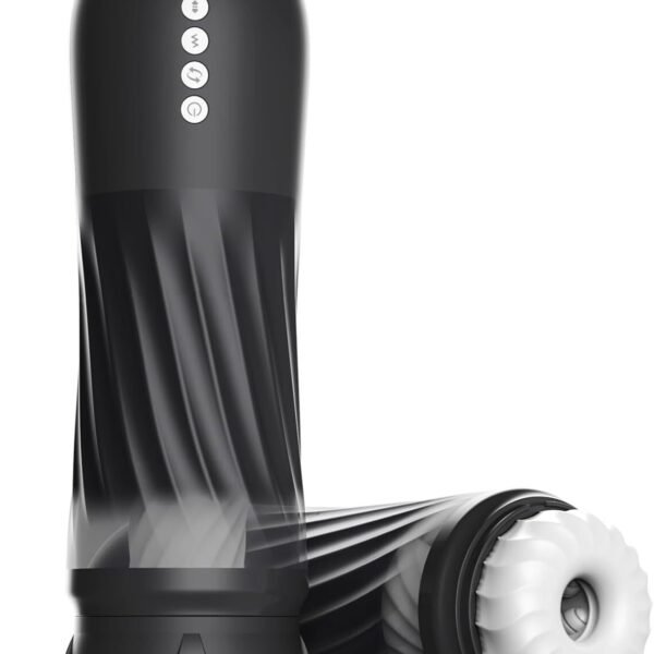 ToyLick Heated Male Masturbator (Black). Main product image showing the spiraled device standing upright and lying on its side, revealing the white internal sleeve.