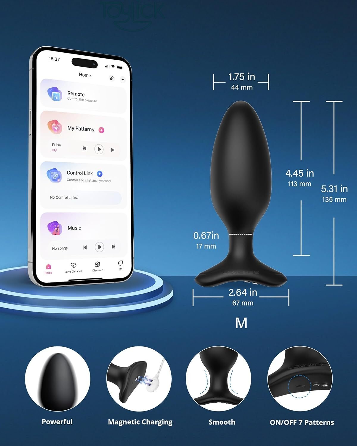 lovense-hush-2-vibrating-butt-plug-1-75-inches-toylick-1 Lovense Hush 2 Butt Plug highlighting its App Control capabilities and Powerful Vibrations, with a diagram showing the motor placement.