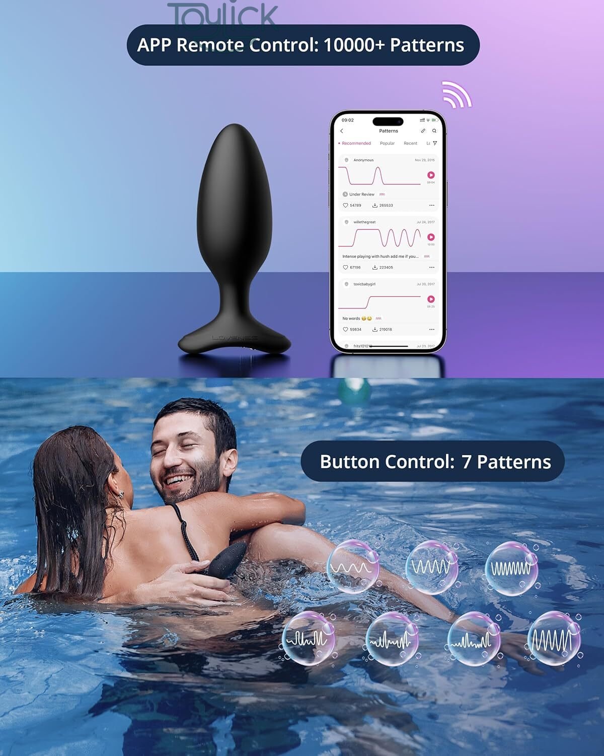 lovense-hush-2-vibrating-butt-plug-1-75-inches-toylick-4 Lovense Hush 2 Butt Plug promoting the Long Range Bluetooth and Internet Connectivity for seamless partner control, featuring a diagram of the app connection.