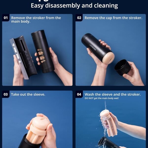 Upgraded Structure, Easy Disassembly and Cleaning instructions for the Lovense Solace Pro Male Masturbator. Shows four steps: removing the stroker from the main body, removing the cap, taking out the sleeve, and washing the sleeve and stroker, with a warning not to wet the main body.
