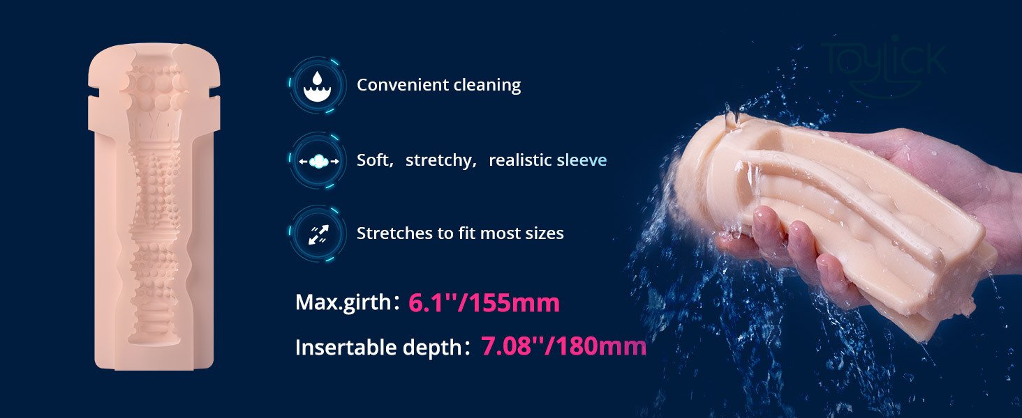 Dimensions and features of the removable, realistic sleeve for the Lovense Solace Pro Male Masturbator: Convenient cleaning, Soft, stretchy, realistic sleeve that Stretches to fit most sizes. Max. girth: 6.1”/155mm, Insertable depth: 7.08”/180mm.