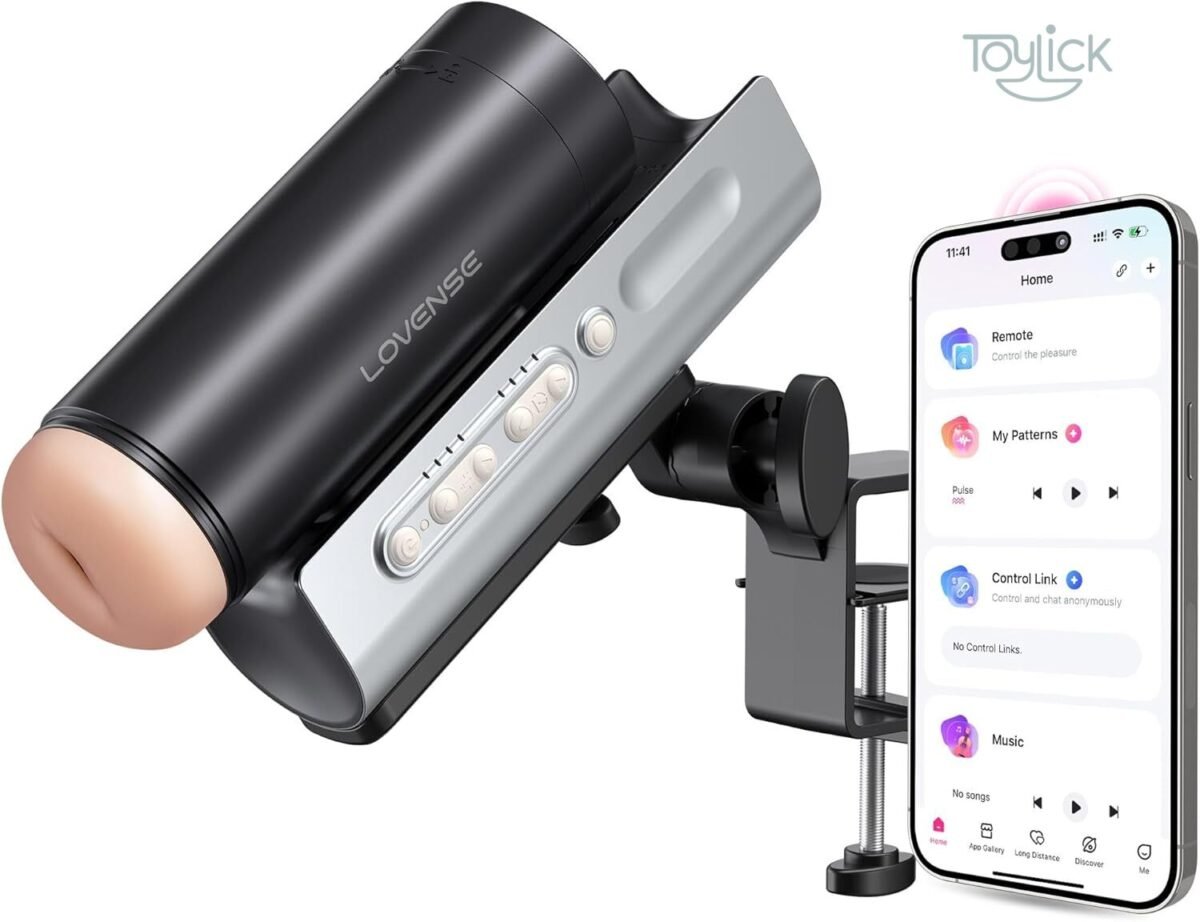 ToyLick Lovense Solace Pro Male Masturbator. Main product shot showing the black and silver thrusting device mounted on a desk clamp and controlled by the Lovense Remote App on a smartphone, displaying options like Remote, My Patterns, Control Link, and Music.