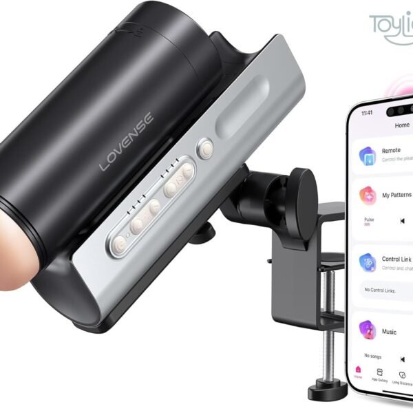 ToyLick Lovense Solace Pro Male Masturbator. Main product shot showing the black and silver thrusting device mounted on a desk clamp and controlled by the Lovense Remote App on a smartphone, displaying options like Remote, My Patterns, Control Link, and Music.