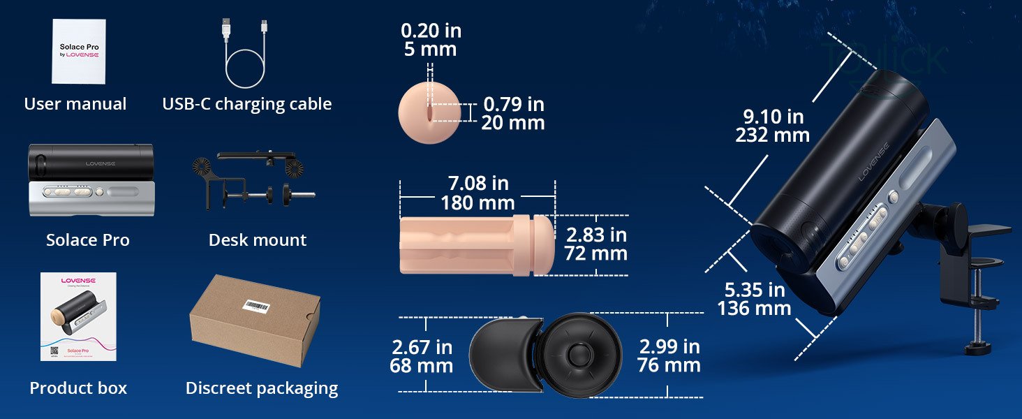 Lovense Solace Pro Male Masturbator detailed size diagram and packing list, showing the dimensions of the device, sleeve, cap, and listing included items: User manual, USB-C charging cable, Solace Pro, Desk mount, Product box, and Discreet packaging.