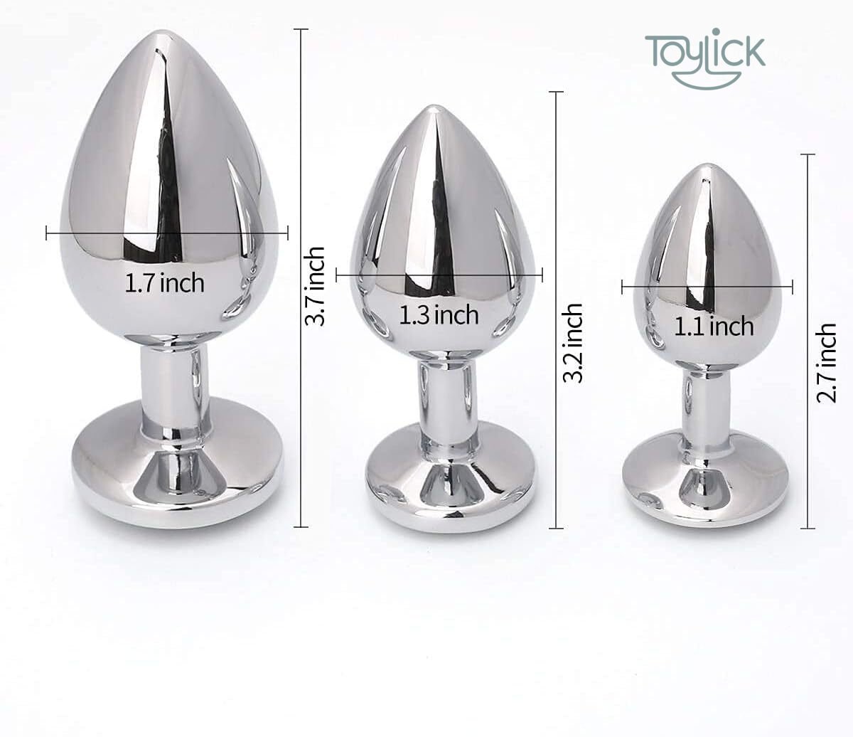 luxury-jewel-butt-plug-3-pieces-collection-toylick-4 A size comparison image of the three-piece Toylick butt plug set. The chrome plugs are shown side-by-side with their dimensions noted: the large is 3.7 by 1.7 inches, the medium is 3.2 by 1.3 inches, and the small is 2.7 by 1.1 inches.