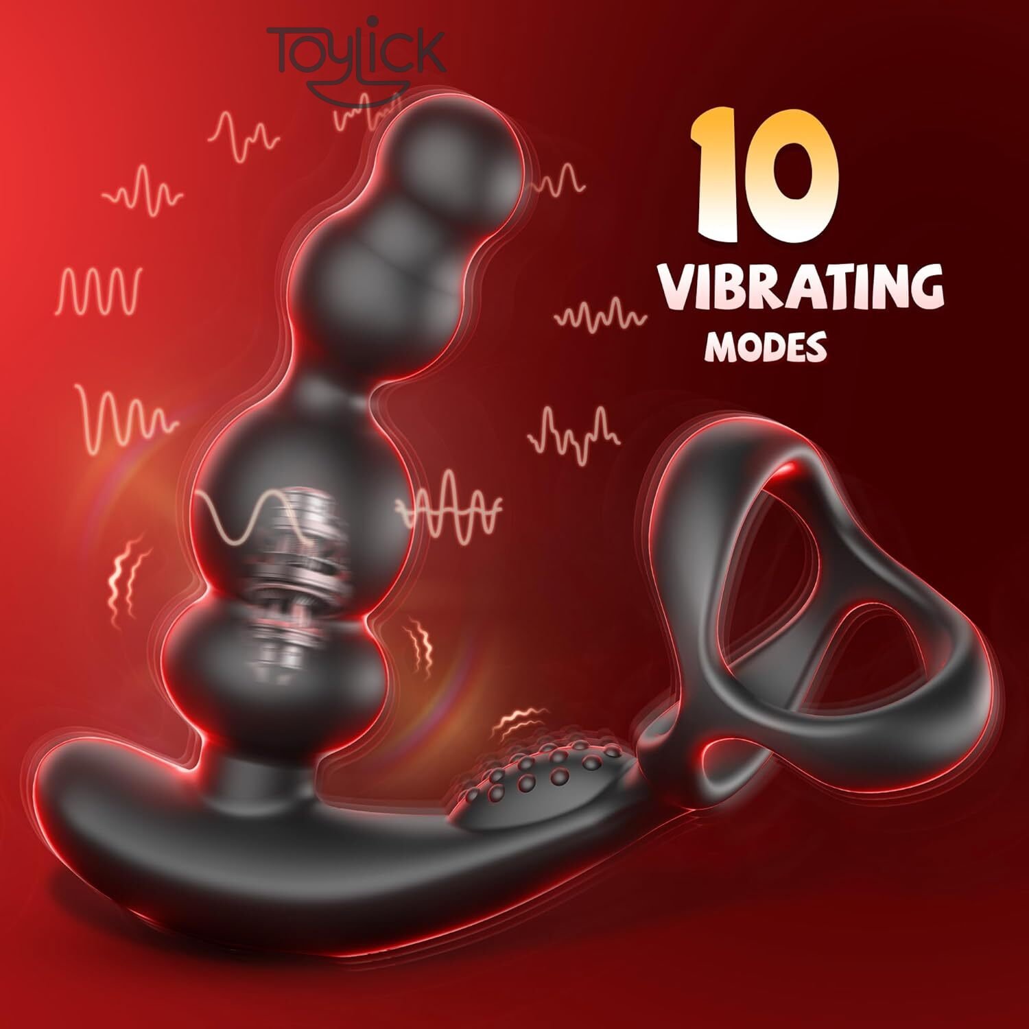 prostate-massager-with-cock-ring-3-rotating-10-vibrating- toylick-2 ToyLick Prostate Massager highlighting the 3 POWERFUL MOTORS and the different modes: 3 Rotating Modes on the tip and 10 Vibrating Modes on the shaft and cock ring.