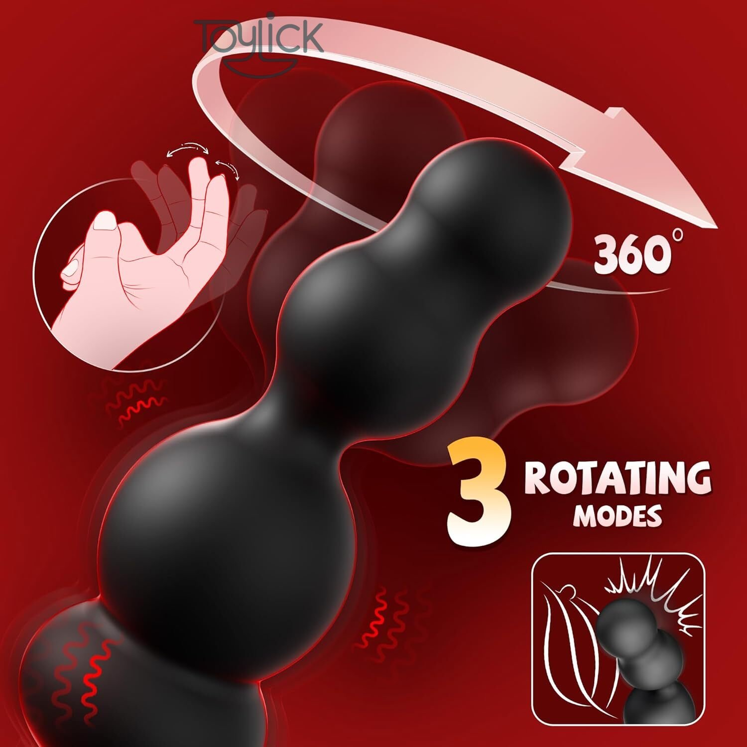 prostate-massager-with-cock-ring-3-rotating-10-vibrating- toylick-3 ToyLick Prostate Massager showcasing the Waterproof Design and emphasizing that the device is made of 100% Body Safe Silicone and is USB Rechargeable.