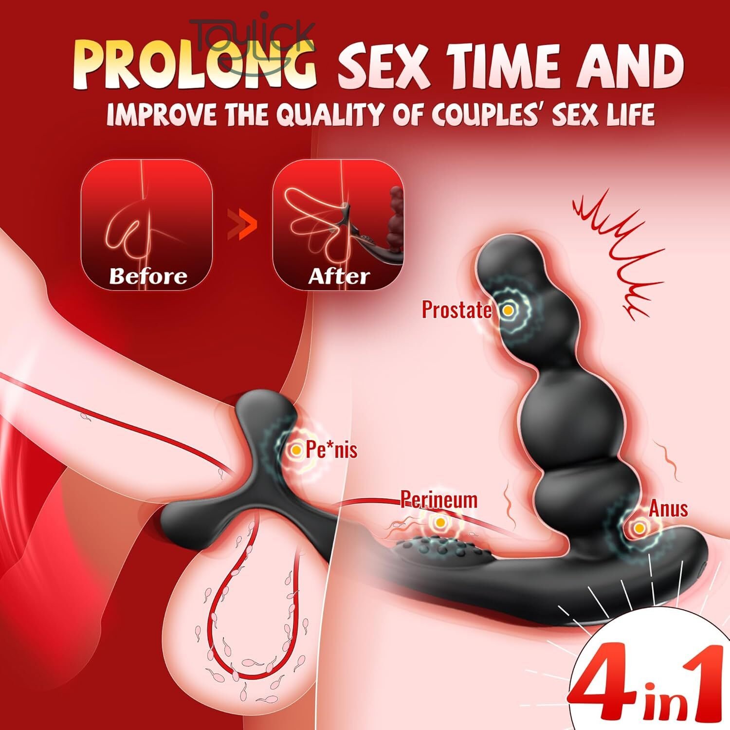 prostate-massager-with-cock-ring-3-rotating-10-vibrating- toylick-4 ToyLick Prostate Massager with dimensions: 13cm (5.1in) total length, 3cm (1.2in) max diameter, and 4.5cm (1.8in) diameter cock ring, emphasizing its ergonomic fit.