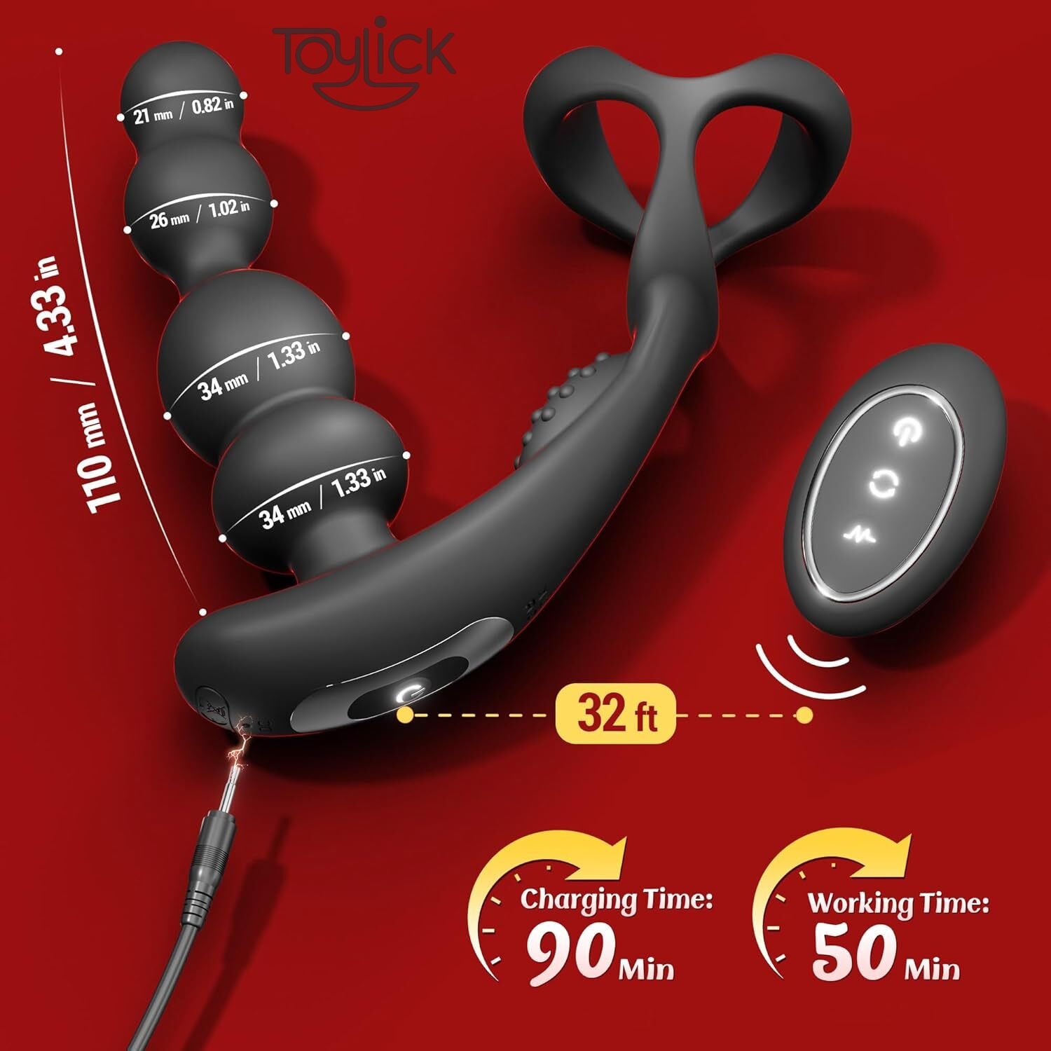 prostate-massager-with-cock-ring-3-rotating-10-vibrating- toylick-5 ToyLick Prostate Massager detailing the 3 Independent Buttons for Easy Control: separate buttons for Power/Vibration, Rotation, and Cock Ring Vibration.
