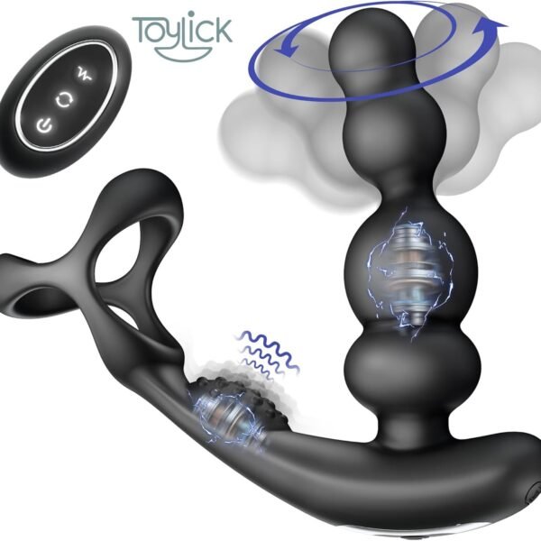 ToyLick Prostate Massager with Cock Ring. Main product view showing the black silicone device with a curved, rotating tip and an attached vibrating cock ring.