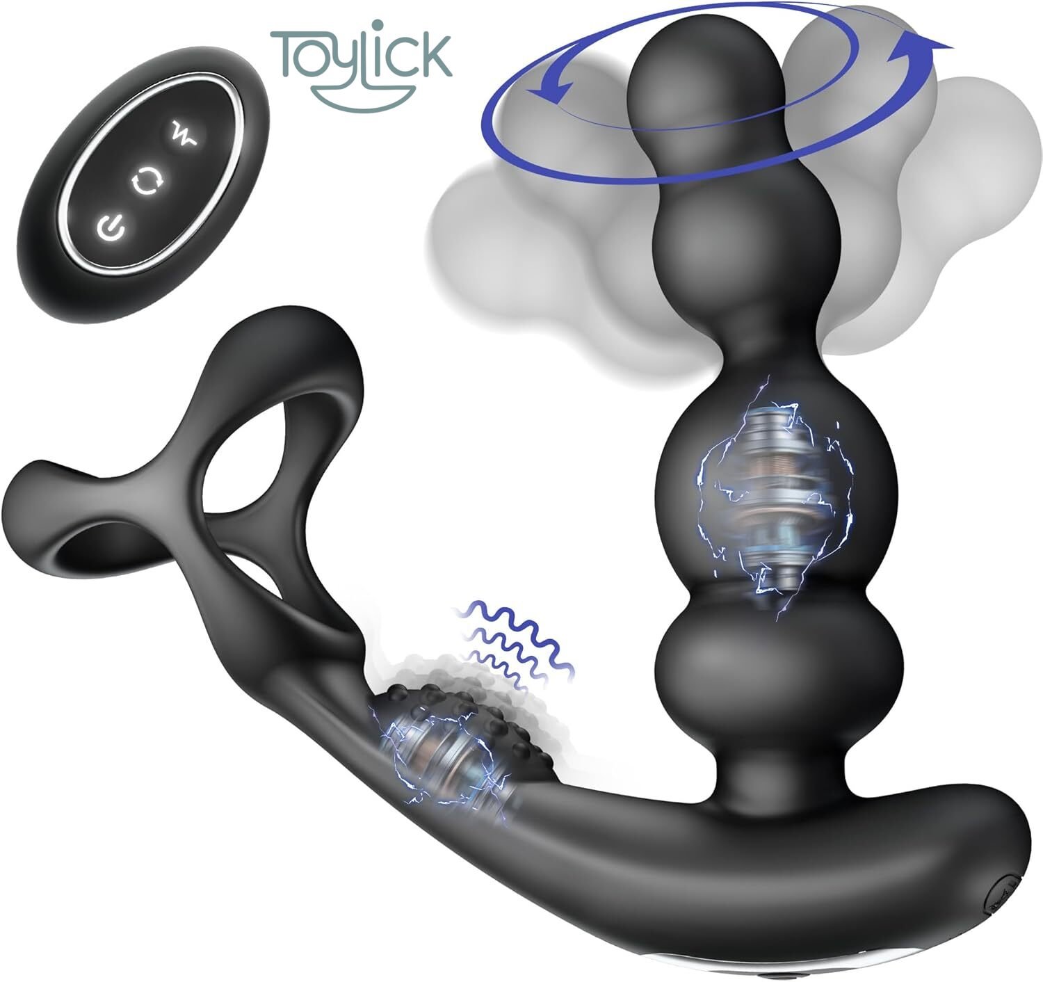 prostate-massager-with-cock-ring-3-rotating-10-vibrating- toylick-main ToyLick Prostate Massager with Cock Ring. Main product view showing the black silicone device with a curved, rotating tip and an attached vibrating cock ring.