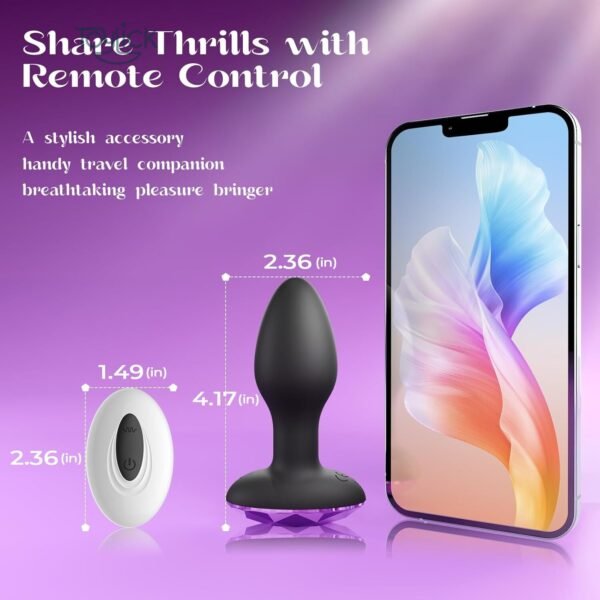 A product infographic titled "Share Thrills with Remote Control." It displays the black and purple toy and the white remote with their dimensions: the toy is 4.17 by 2.36 inches, and the remote is 2.36 by 1.49 inches. A smartphone is shown next to them, implying portability.